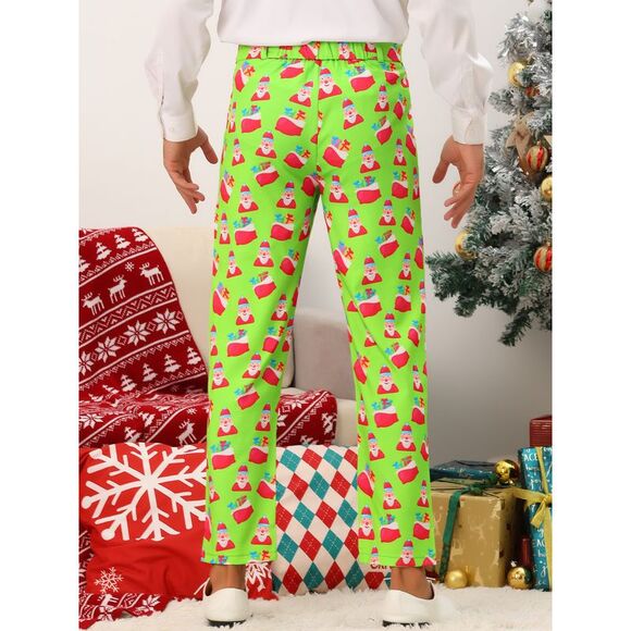 Christmas Printed Pants Flat Front Party Cosplay Costume Trousers Light Green - Picture 3 of 6